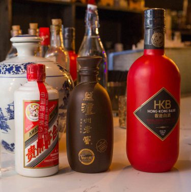 Baijiu bottles on a bar