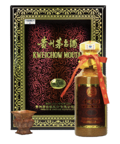 A Moutai Vintage 50 Year bottle, box, and traditional baijiu cup.